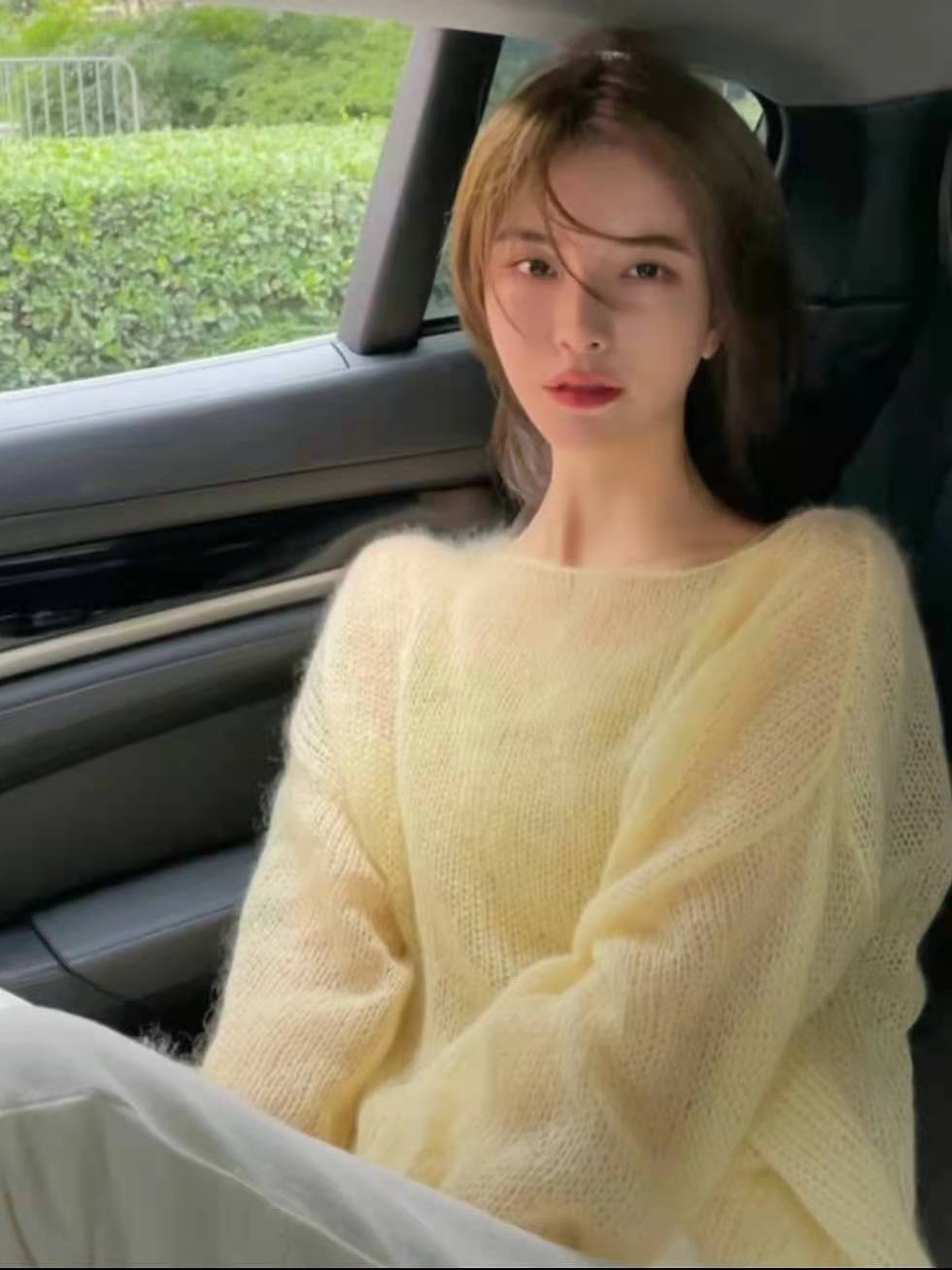 李星兒同款秋日序章一字領薄款毛衣鏤空馬海毛透視針織罩衫女