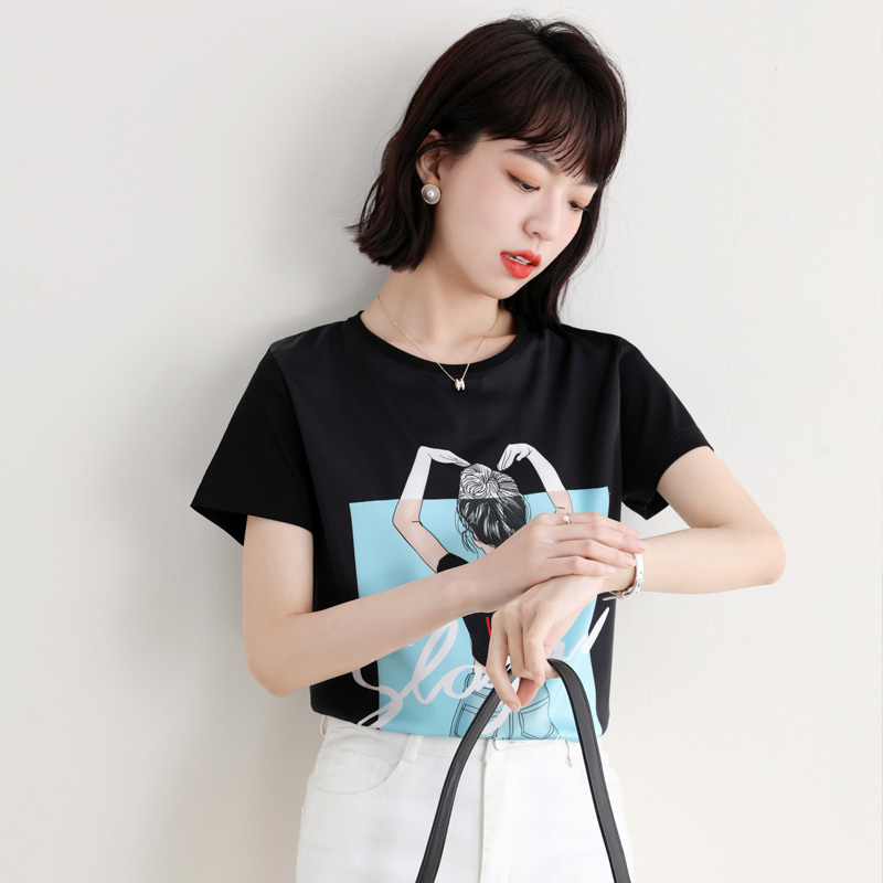 實拍重磅新款夏裝桑蠶絲T恤上衣洋氣2024真絲短袖女印花緞面休閒