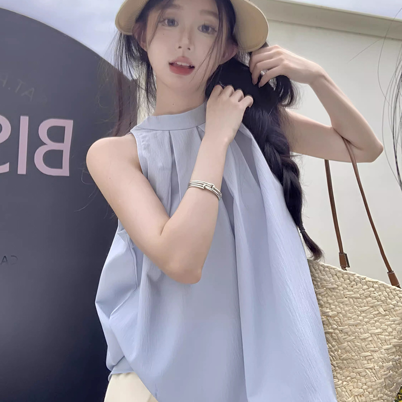 官圖 韓系無袖掛脖背心襯衫女裝夏季新款設計感別致褶皺無袖上衣