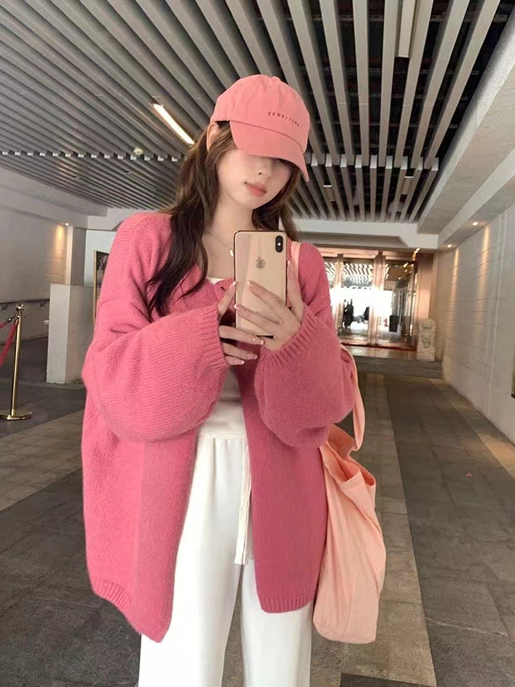 烏77奶fufu慵懶風圓領毛衣外套女韓版秋冬寬鬆百搭一粒扣內搭開衫