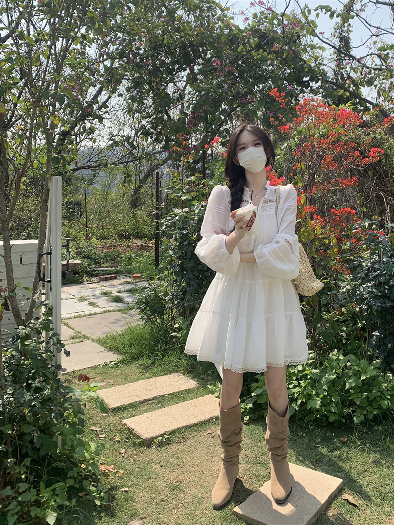 實拍~春夏季法式白色連衣裙綁帶寬鬆泡泡長袖連衣裙民族風裙