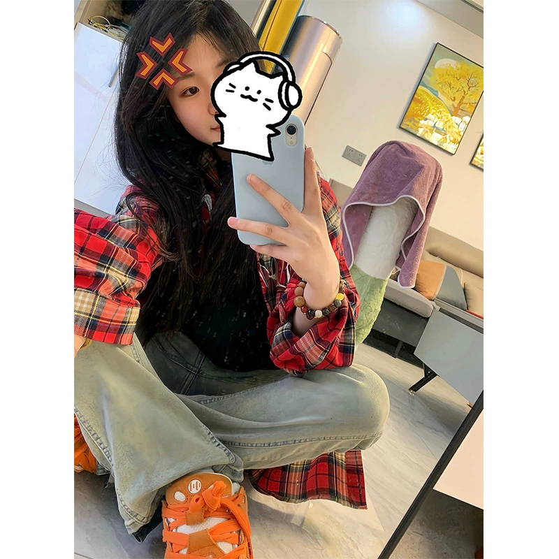 ins潮牌小眾設計格子襯衫女年秋裝新款日系復古襯衣外套上衣