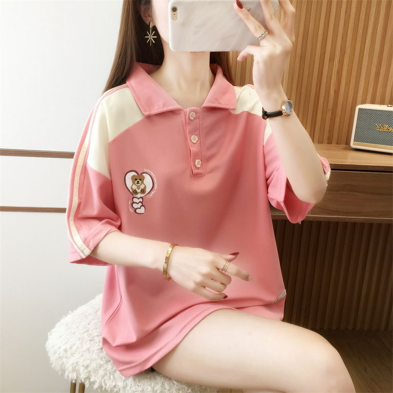 實拍 夏季新款短袖T恤女寬鬆印花設計感上衣翻領體恤Polo衫