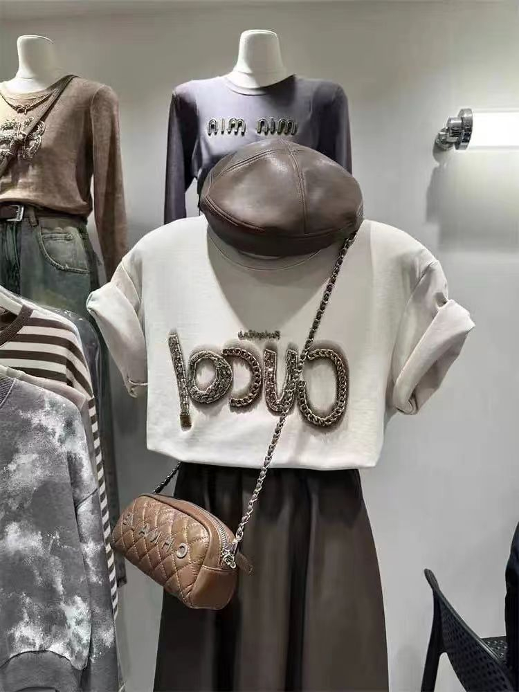 春季加厚磨毛T恤女短袖歐貨重工字母寬鬆中長款半袖上衣女打底衫
