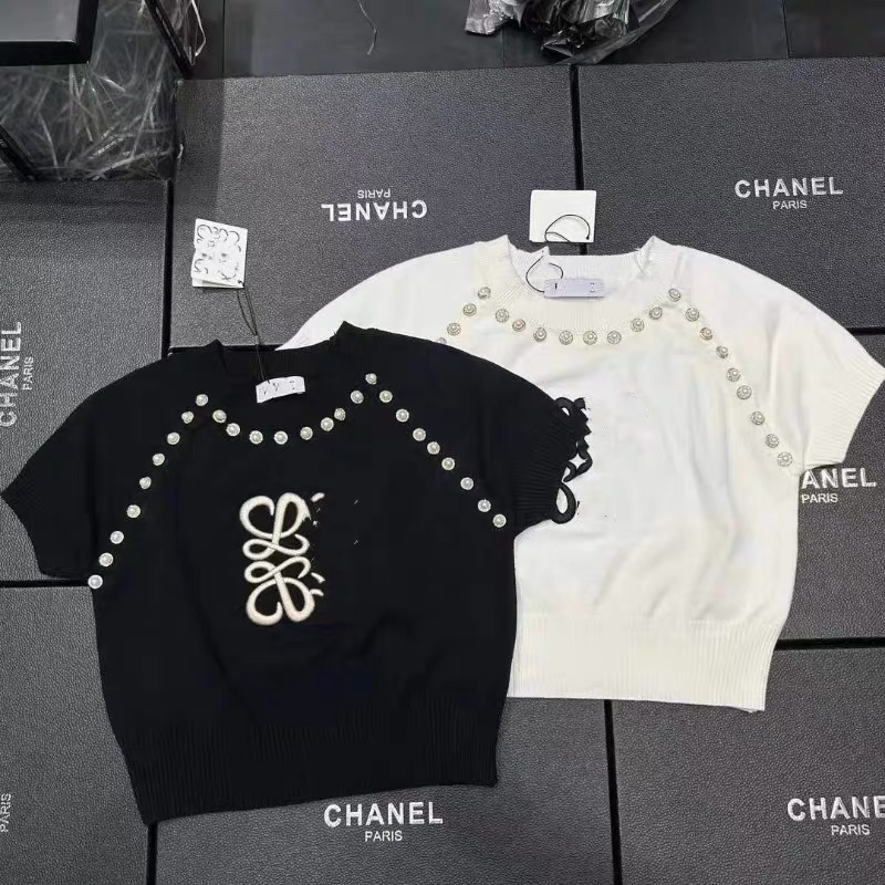 歐洲站24早春新款重工刺繡logo釘珠圓領套頭短袖針織寬鬆百搭毛衣