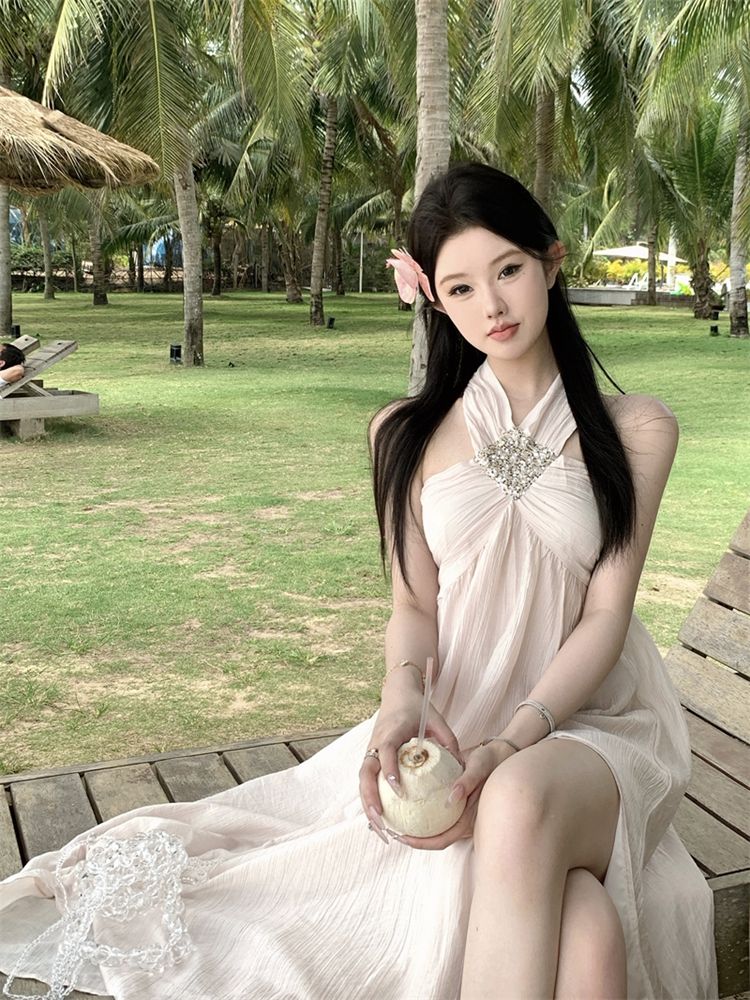 實拍  女神風度假粉色掛脖連衣長裙