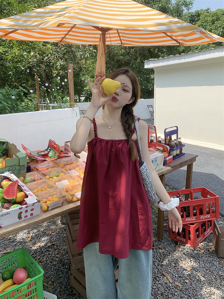 實拍~！夏日寬鬆顯瘦度假風吊帶背心純色露背百搭上衣