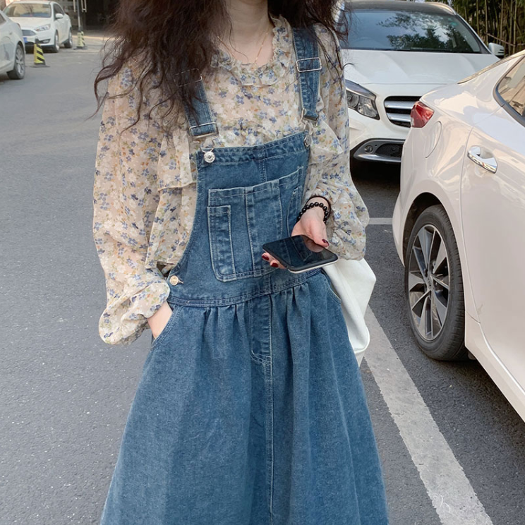 夏裝新款大碼女裝寬鬆韓版牛仔背帶裙+碎花上衣兩件套M-4XL200斤