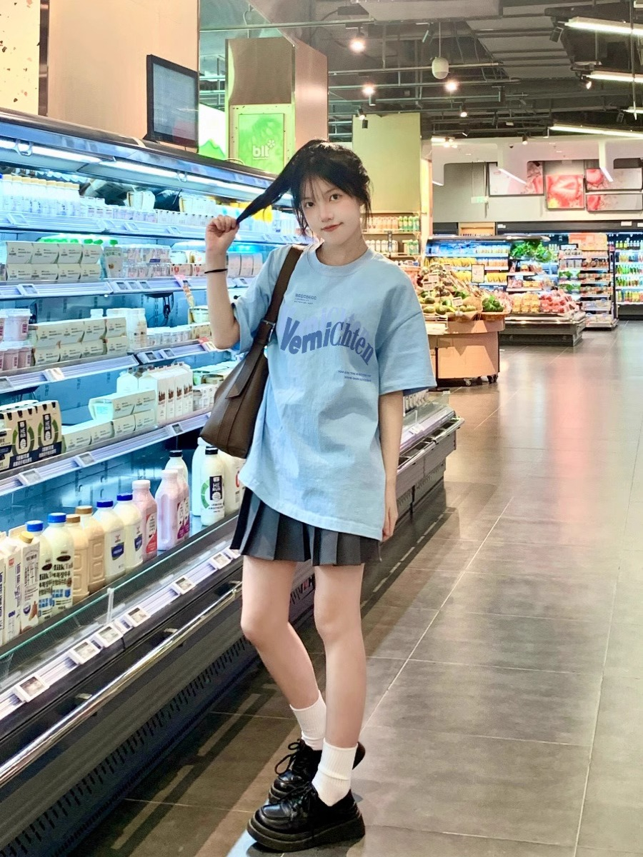 精梳緊密賽洛韓版寬鬆潮牌字母印花短袖T恤半身裙套裝兩件套