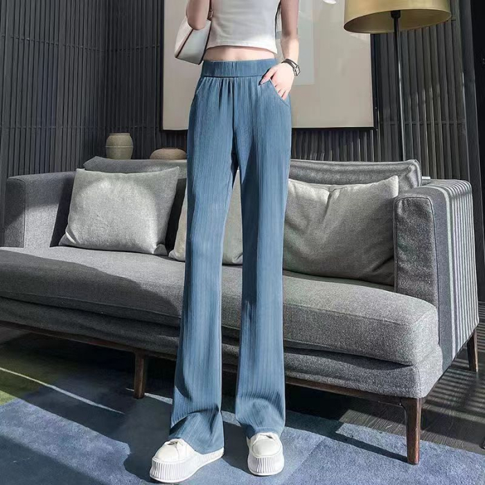 冰絲微喇叭褲子女夏季薄款高腰垂感休閒窄版闊腿褲女春秋