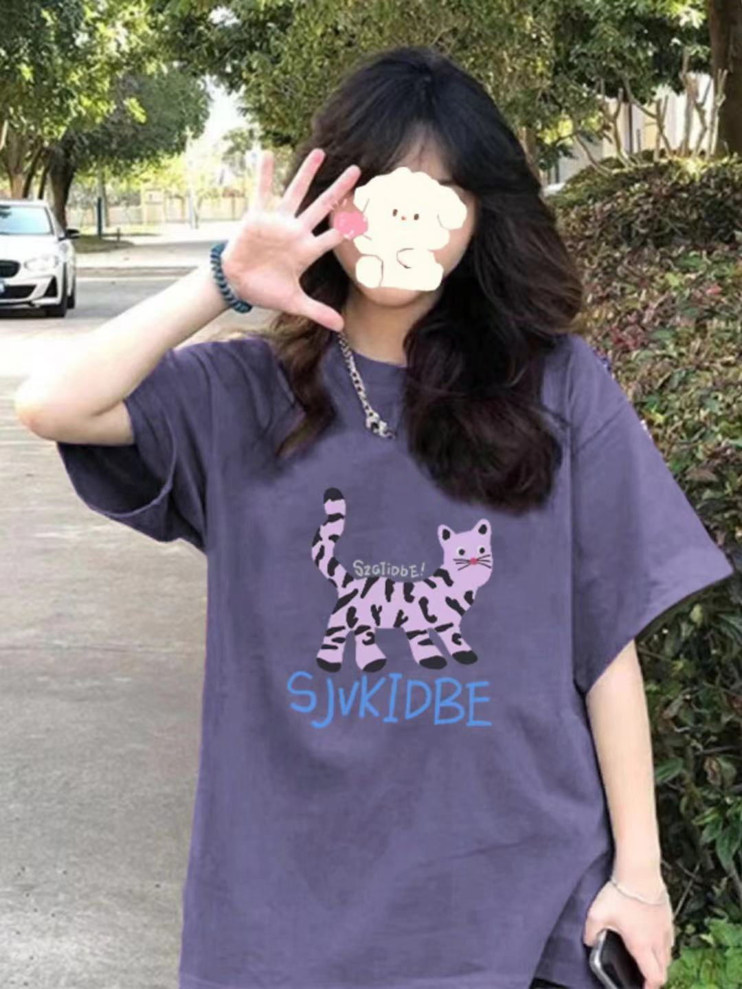 100%純棉後包領 紫色短袖t恤女