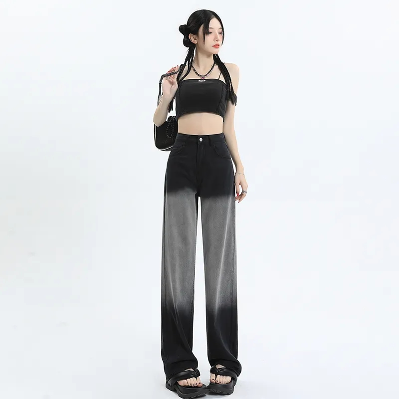 2024春季新款牛仔褲女漸變高腰直筒小個子冰絲垂感拖地闊腿褲