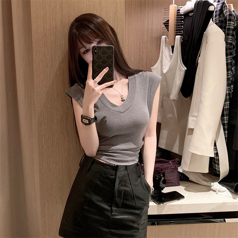 甜辣妹chic灰色短款打底衫U領短袖t恤女設計感小眾內搭鎖骨上衣夏