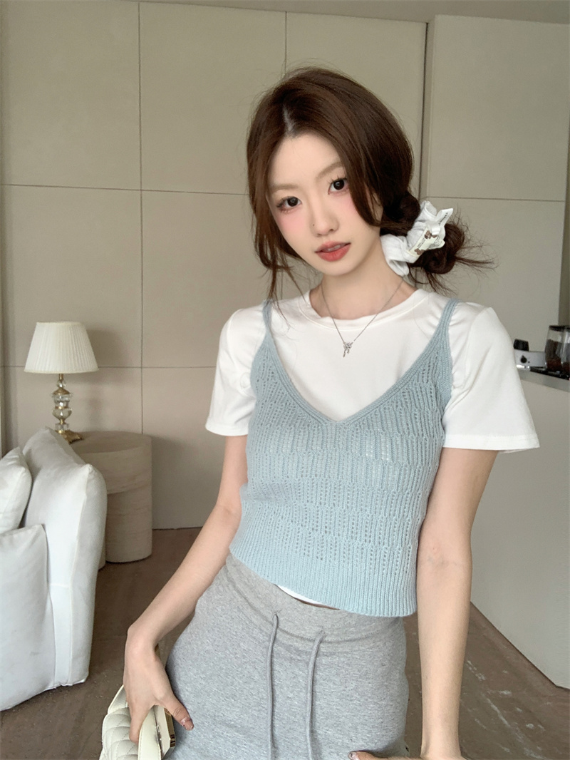 實拍 短款針織馬甲吊帶背心上衣女早春套頭打底衫兩件套