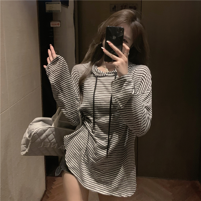 Real shot Lazy casual loose hooded retro striped T-shirt mid-length top for women 2024 spring
