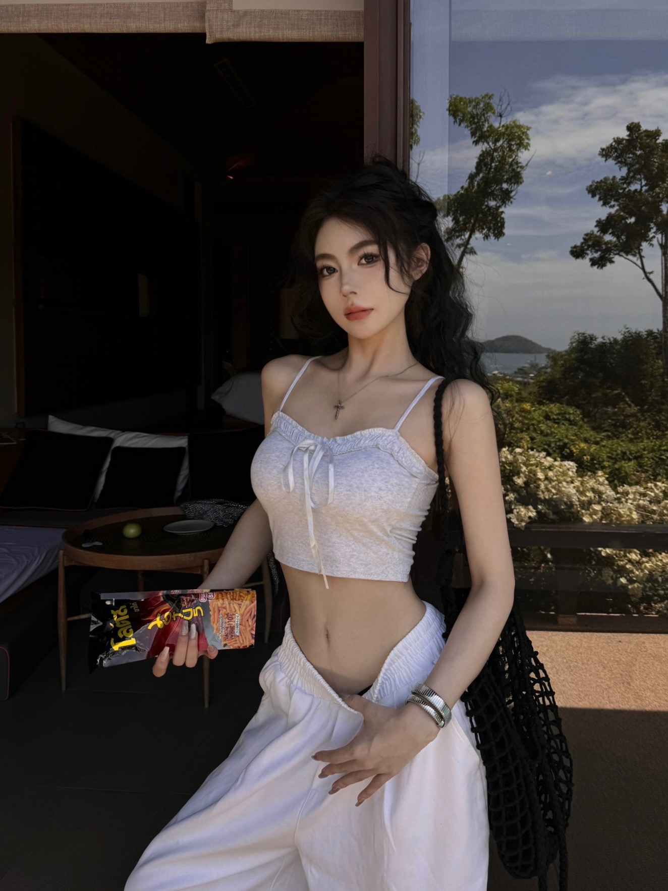 實拍 花邊抽褶皺絲帶蝴蝶結短款吊帶背心