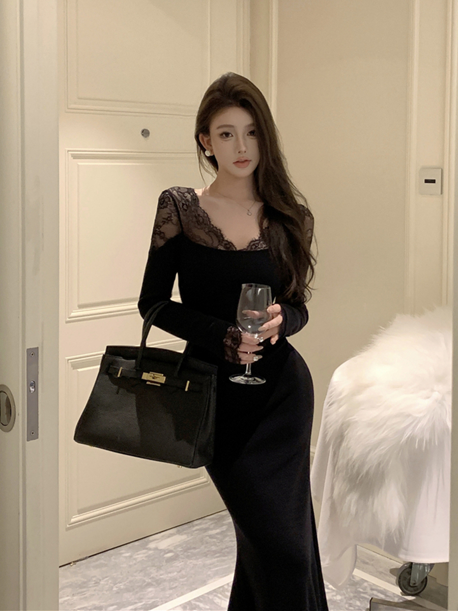 實拍復古性感V領蕾絲拼接包臀魚尾裙收腰顯瘦連衣裙女