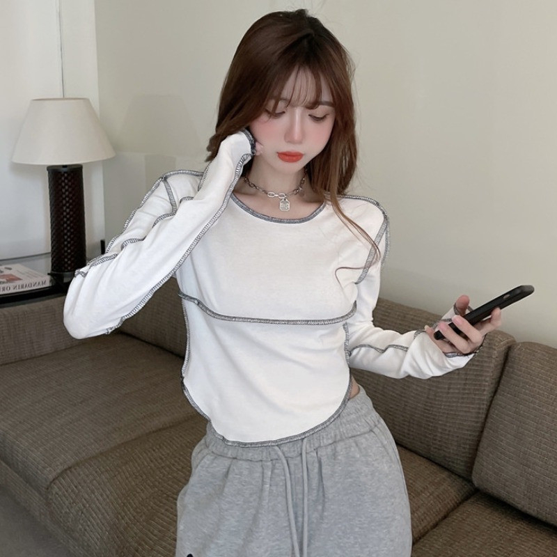 拉架棉 2024春季新款設計感上衣小眾短款修身打底衫女內搭長袖T恤