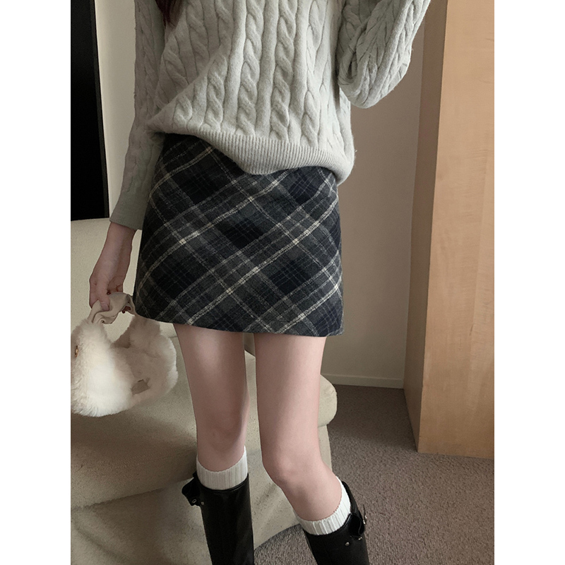 Women's New High-Waisted Plaid Wool Blend Semi-Bodycon Skirt with Vintage Short A-Line Skirt for Autumn/Winter