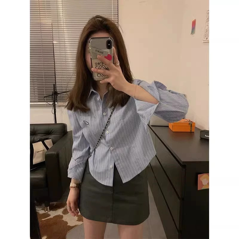 Blue striped shirt for women spring and autumn Hong Kong style loose ins French design niche long-sleeved short shirt top