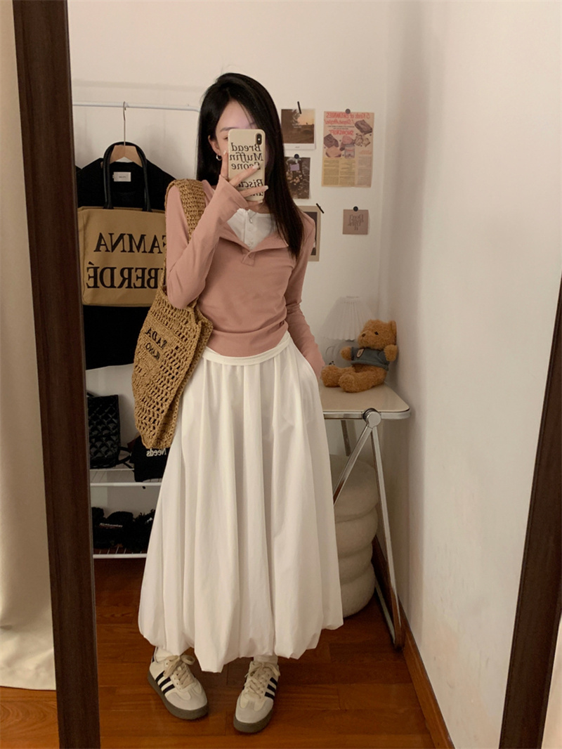 實拍  春日協奏曲/撞色假兩件開扣上衣+工裝蓬蓬花苞裙套裝