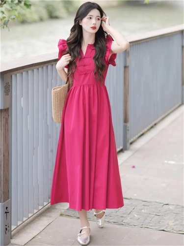 法式小飞袖玫红色连衣裙女夏季2024新款高级感气质收腰显瘦长裙子