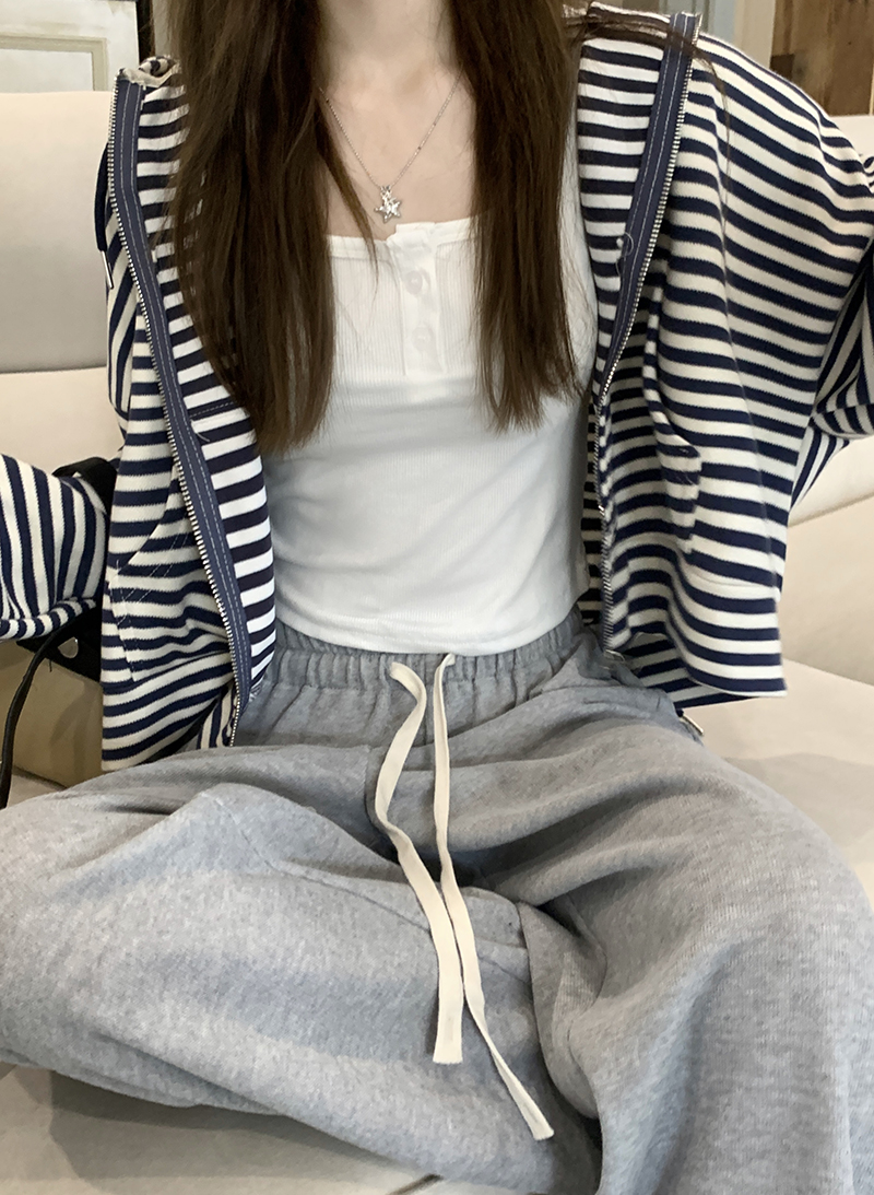 實拍  春季韓版簡約條紋連帽衛衣