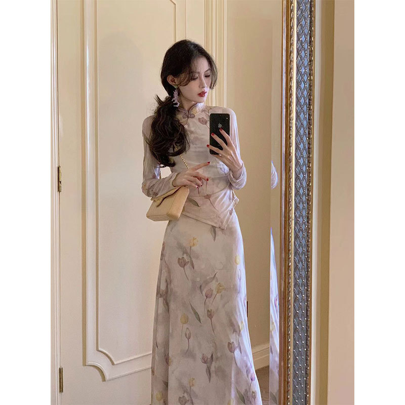 花見新中式鬱金香網紗花朵復古設計感旗袍套裝女春季