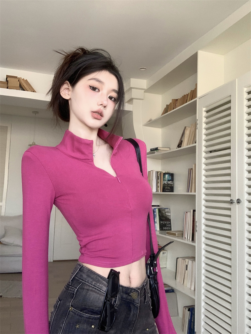 實拍 純欲風獨特别致甜辣妹緊身短款polo領上衣女修身顯瘦長袖t恤