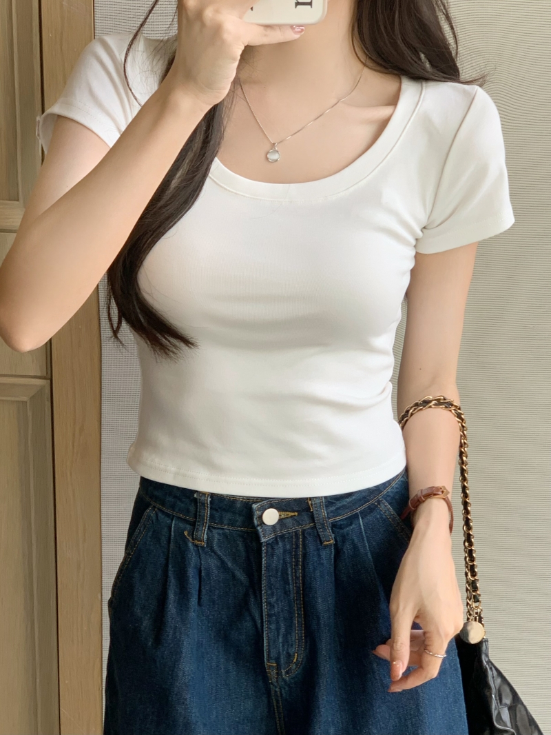實拍  40支純棉 2024夏裝大圓領高腰短款純色T恤女短袖