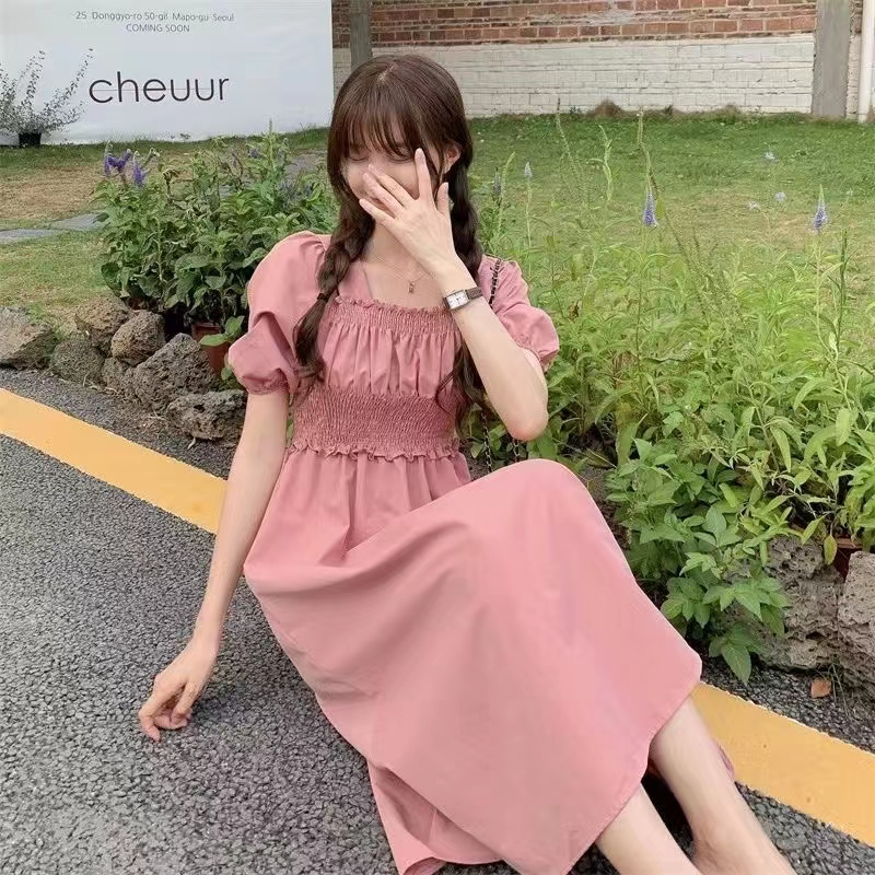 溫柔鎖骨泡泡繡連衣裙女夏季新款法式中長款收腰顯瘦A字裙