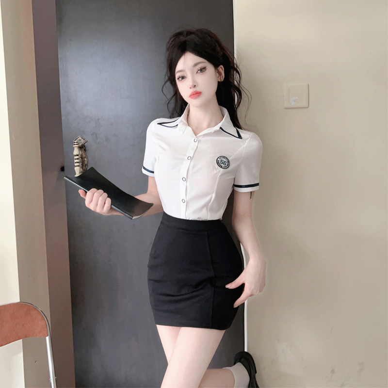 實拍夏季職業裝氣質修身白色短袖襯衣包臀短裙工作服時尚兩件套