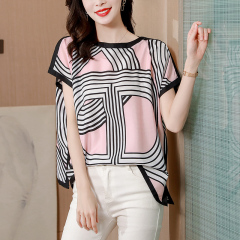 Photographed 2024 Summer New Plus Size Batwing Sleeve Chiffon Shirt Short Sleeve Women's Top Design Women's Unique Women's High-End