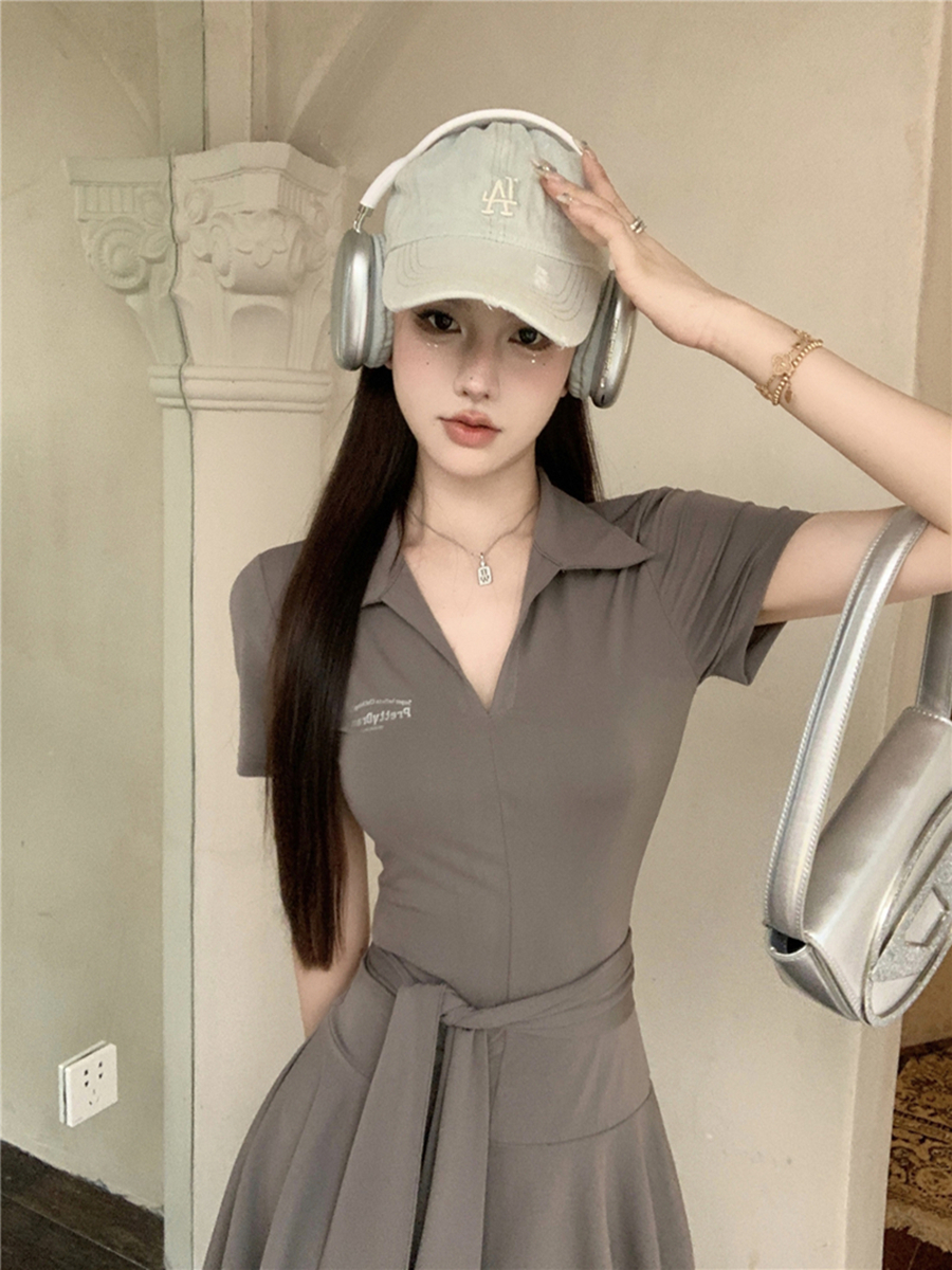 實拍復古性感POLO領收腰系帶辣妹灰色顯瘦短袖A字連衣裙女