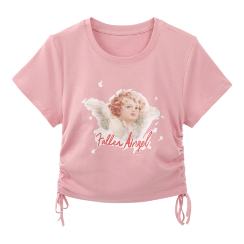 甜美盐系纯欲风抽绳短款t恤女夏季新款设计感粉色短袖别致上衣潮