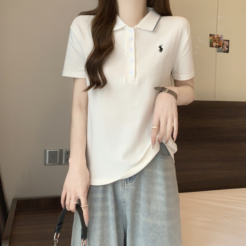 實拍  40支純棉 2024夏裝刺繡polo領條紋短袖T恤女修身