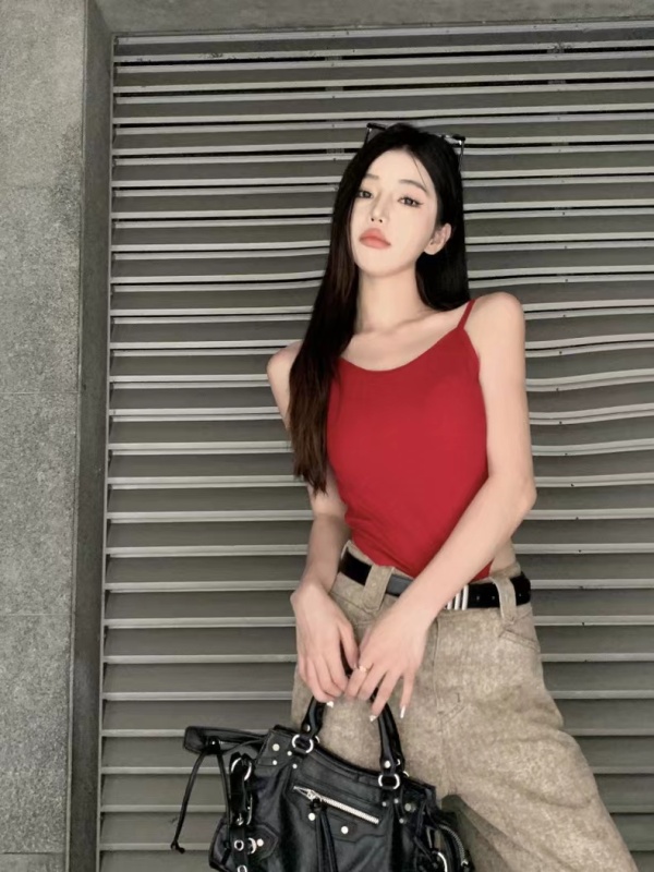 紅色露背連體吊帶背心女夏季新款小眾設計感純欲辣妹修身無袖上衣