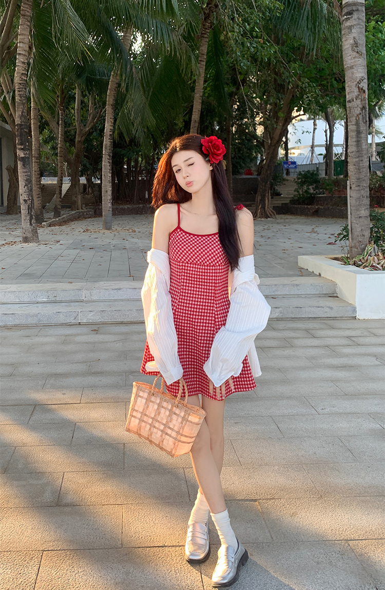 實拍 春夏韓chic簡約紅色格子吊帶裙+防曬襯衫