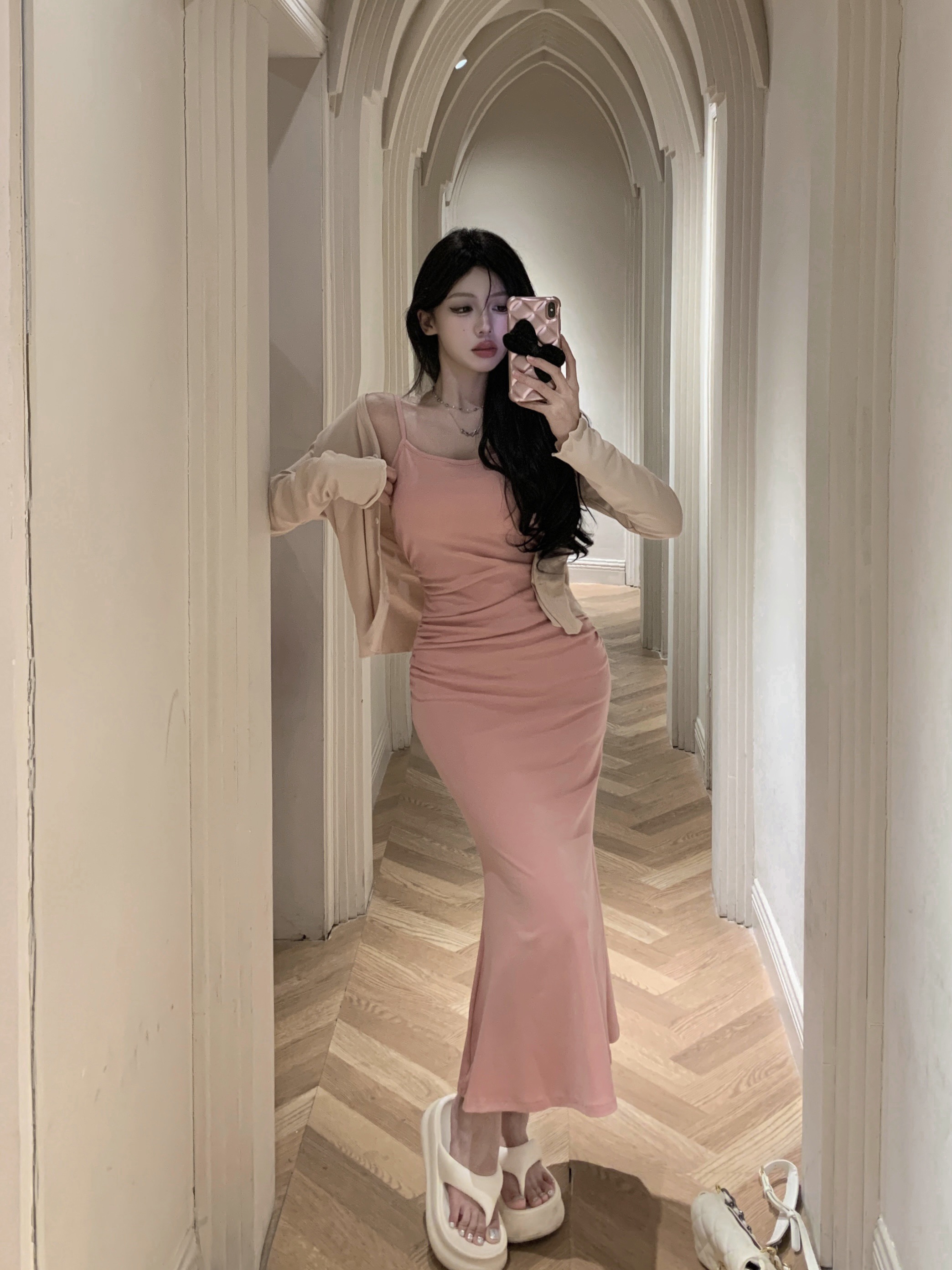 實拍輕熟風御姐辣妹性感收腰包臀吊帶連衣裙長袖開衫兩件套裝春季