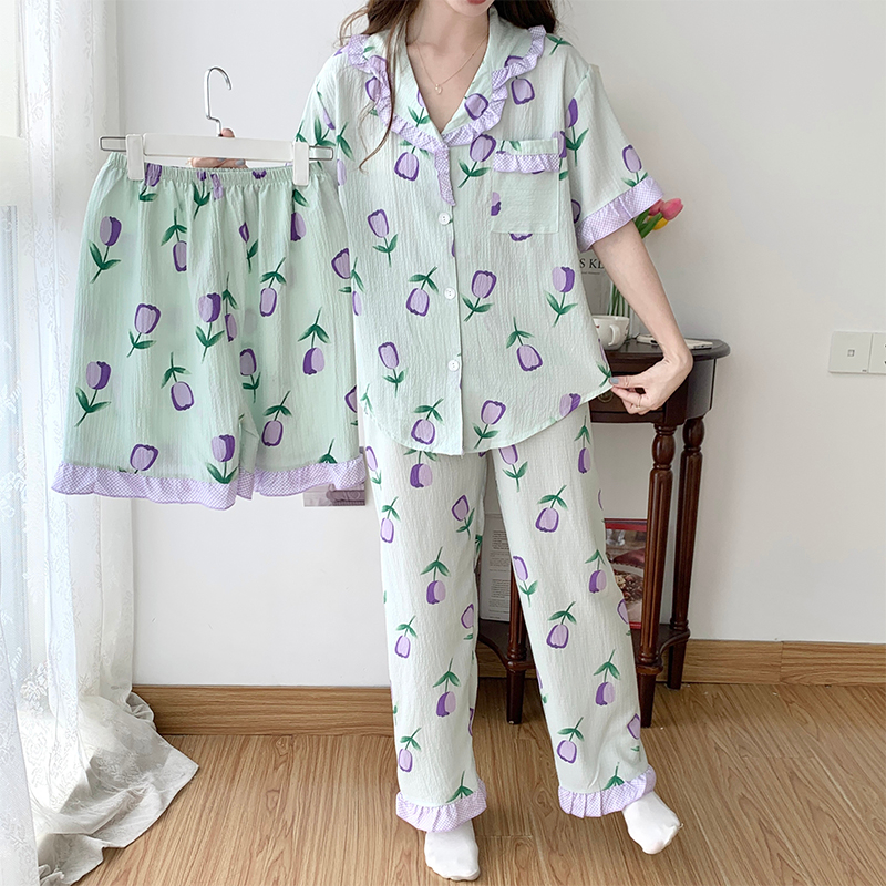尚優衣品泡泡棉睡衣女三件套短袖短褲長褲夏季韓版開衫翻領家居服