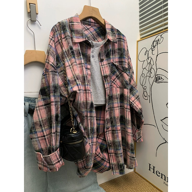 American retro pink plaid shirt jacket women's spring and autumn new tie-dye shirt autumn top