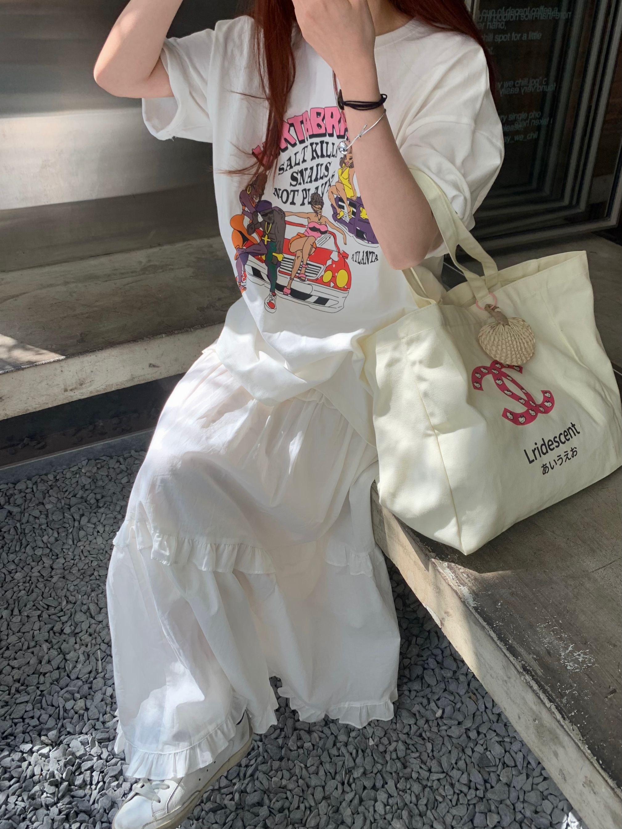 實拍2024~俏皮印花寬鬆中長款T恤高腰白色長款大擺蛋糕半身裙