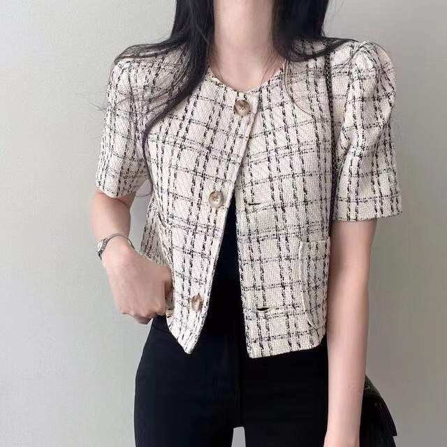 韓國chic復古圓領雙口袋寬鬆休閒粗花呢格紋撞色短款外套女