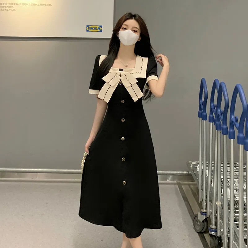 黑色針織連衣裙夏短袖新款赫本風蝴蝶結方領裙子女高級感氣質短裙
