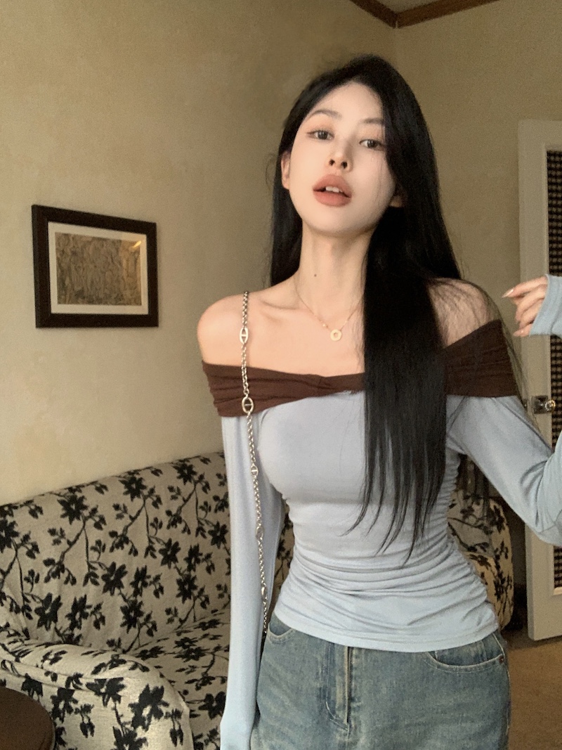 實拍 韓版修身顯瘦設計感一字肩拼色長袖甜辣打底衫T恤上衣女