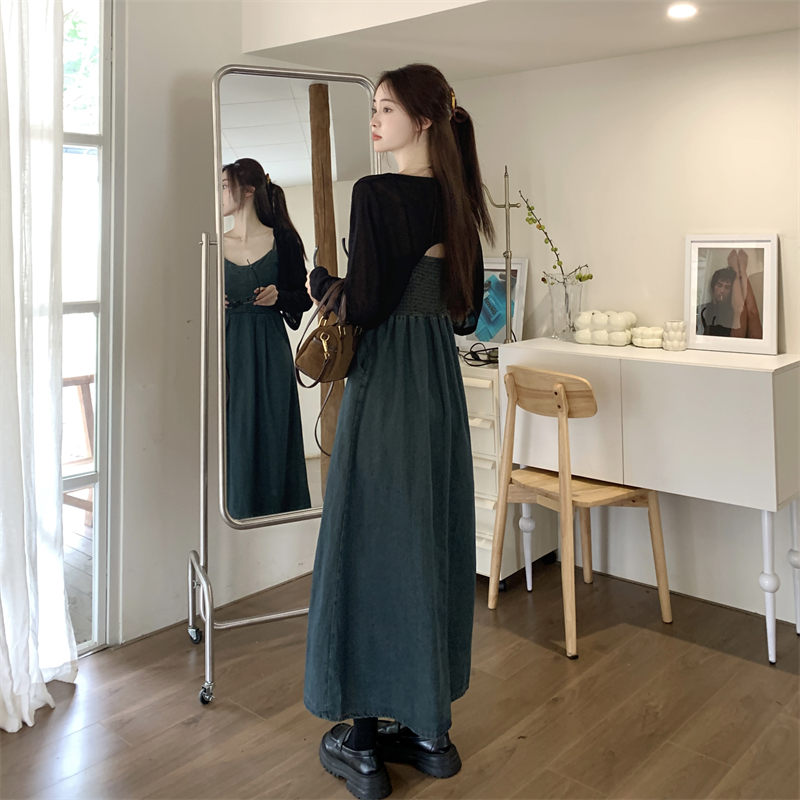2024春夏新款復古牛仔連衣裙大碼女裝顯瘦吊帶連衣裙S-5XL200斤
