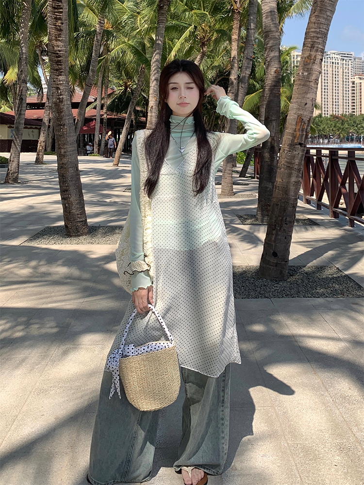 實拍 韓女穿搭~春夏韓chic疊穿波點罩衫+綠色網紗打底