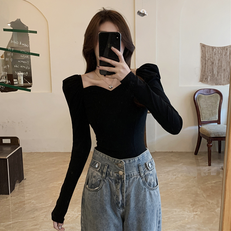 實拍~法式方領鎖骨短款修身氣質黑色長袖t恤女新款秋冬打底衫上衣