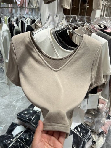 欧货纯色V领短袖T恤女2024夏季新款修身显瘦设计感百搭基础款上衣
