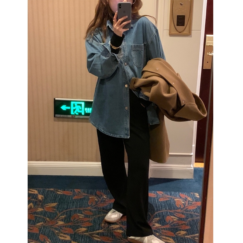 牛仔藍色襯衫女疊穿春秋新款設計感小眾港味長袖內搭顯瘦上衣復古